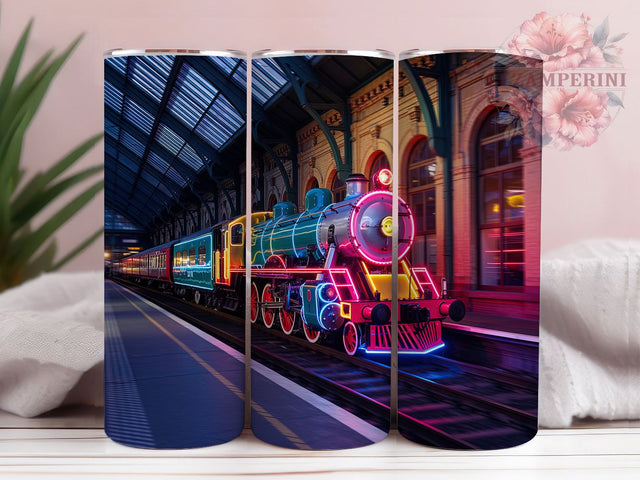 Retro Neon Steam Train Tumbler Wrap, Steam Train Tumbler, Retro Neon Sublimation, Vintage Locomotive Cup, Glow Train Drinkware, Neon Railway Mug, Retro Train Digital Sublimation Li Zamperini 