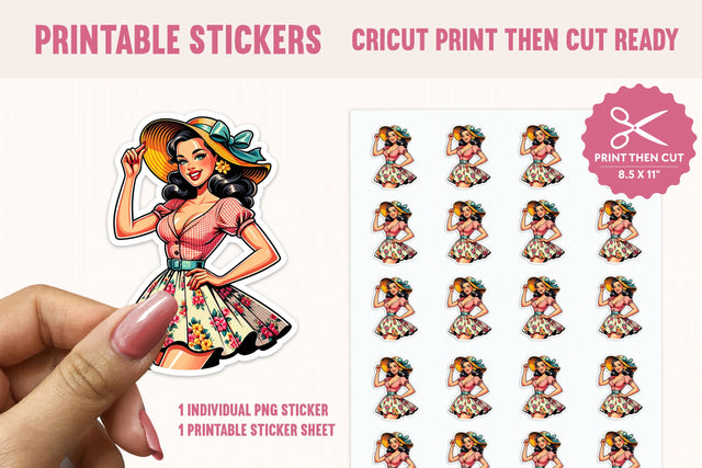 Retro Pin-Up Girl Printable Sticker PNG, 5-Inch PNG Sticker Design, Sublimation BijouBay 