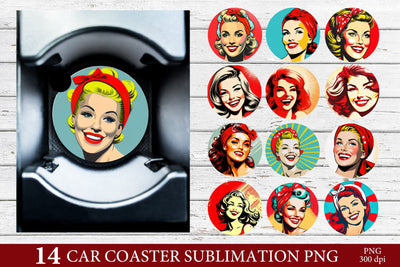 Retro Pin Up Girl Sublimation Bundle. Car Coaster Bundle PNG Sublimation Olga Terlyanskaya 