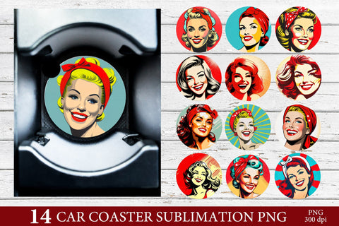 Retro Pin Up Girl Sublimation Bundle. Car Coaster Bundle PNG Sublimation Olga Terlyanskaya 