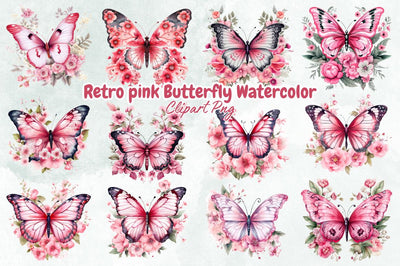 Retro pink Butterfly Watercolor Clipart Bundle Sublimation Designangry 