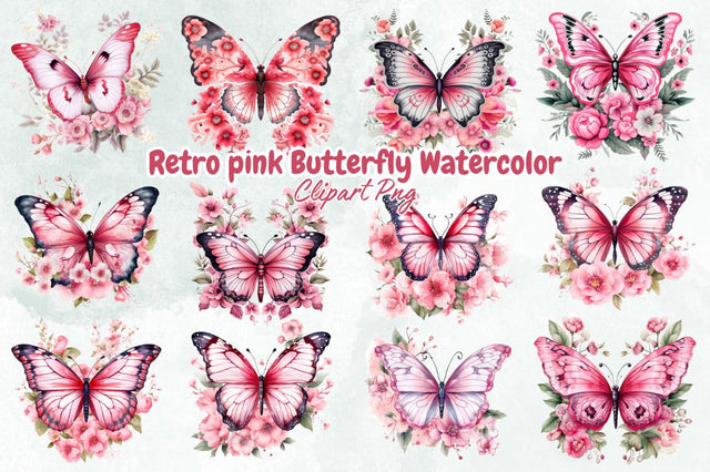 Retro pink Butterfly Watercolor Clipart Bundle Sublimation Designangry 