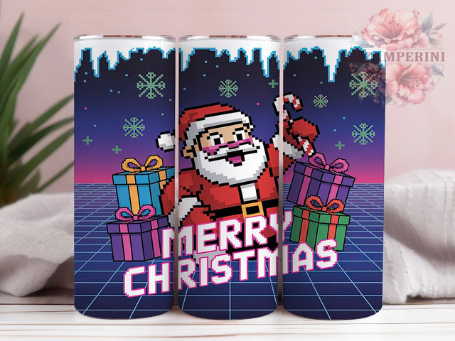 Retro Pixel Santa Christmas Tumbler, Vintage Christmas Wrap, Pixel Art Holiday Sublimation Design, Festive Retro Cup, 20Oz Skinny Tumbler Wrap, Nostalgic Xmas Mug, Classic Holiday Pixel Design Sublimation Li Zamperini 