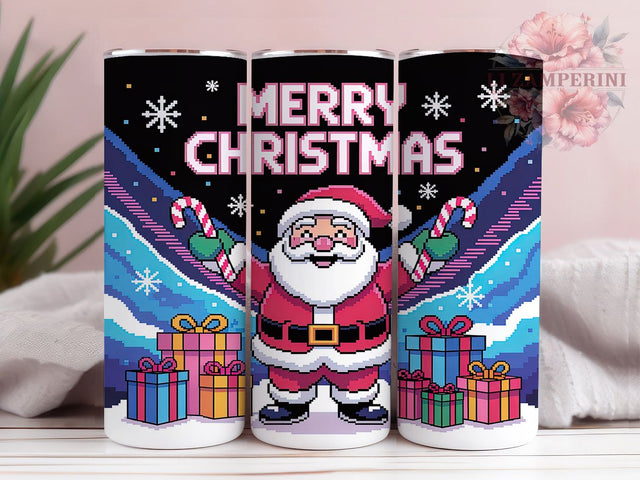 Retro Pixel Santa Christmas Tumbler, Vintage Christmas Wrap, Pixel Art Holiday Sublimation Design, Festive Retro Cup, 20Oz Skinny Tumbler Wrap, Nostalgic Xmas Mug, Classic Holiday Pixel Design Sublimation Li Zamperini 