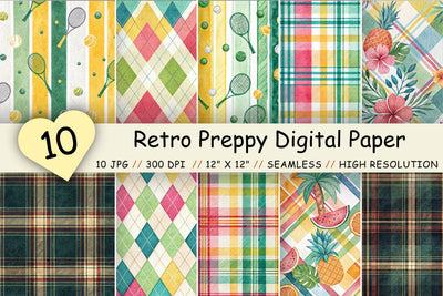 Retro Preppy Digital Paper Pack, Seamless Watercolor Pattern Bundle, Printable Scrapbook Paper, Bold Madras Design Collection Digital Pattern FloridPrintables 