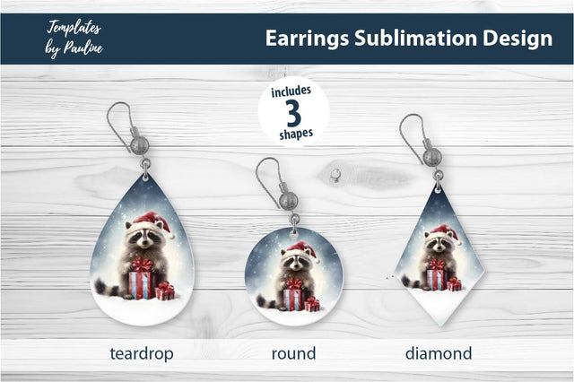Retro Raccoon Christmas Earrings Sublimation Design Sublimation Templates by Pauline 