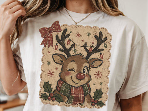 Retro Santa Claus & Reindeer PNG, Christmas Coquette Bow SVG DesignDestine 