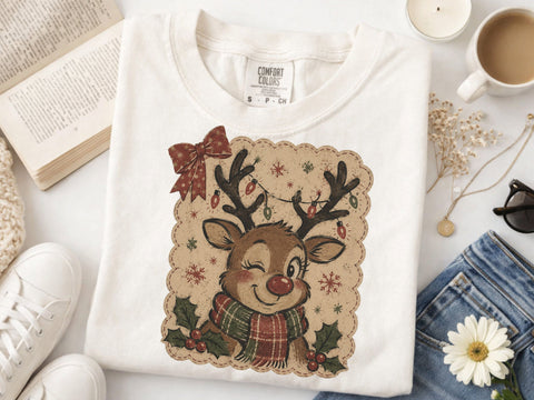 Retro Santa Claus & Reindeer PNG, Christmas Coquette Bow SVG DesignDestine 