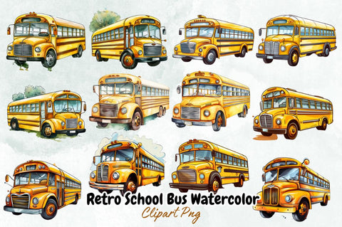 Retro School Bus Watercolor Clipart Bundle Sublimation Designangry 