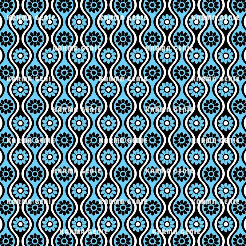Retro Seventies Black And Blue Mid Century Flowers Pattern Digital ...
