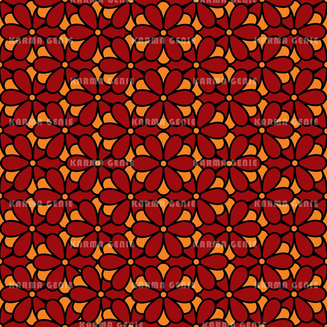 Retro Seventies Red And Orange Hippie Daisy Flowers Pattern Digital Paper Digital Pattern Karma Genie Graphics 