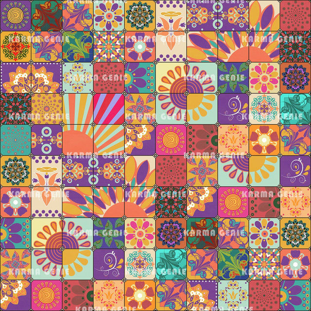 Retro Sixties Hippie Bohemian Flowers Colorful Patchwork Pattern Digital Paper Digital Pattern Karma Genie Graphics 
