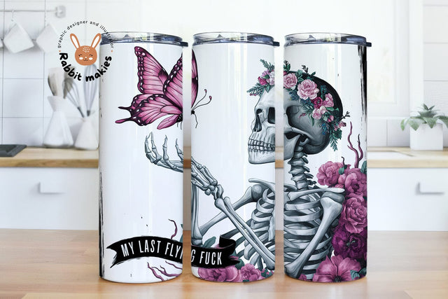 Retro Skeleton and Flowers, My Last Flying Fuck 20 oz Skinny Tumbler Sublimation Design Digital Download PNG Instant DIGITAL ONLY Sublimation Rabbitmakies 