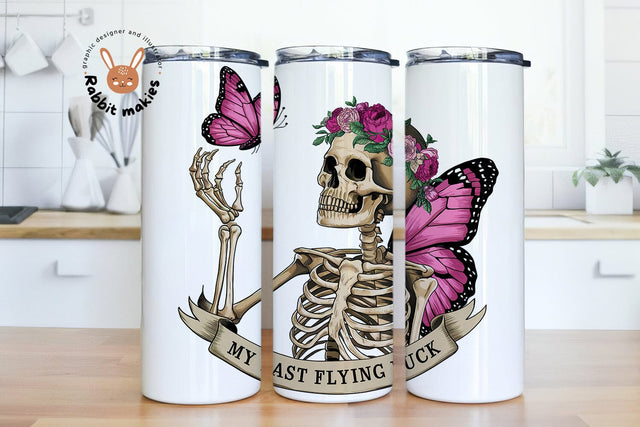 Retro Skeleton and Flowers, My Last Flying Fuck 20 oz Skinny Tumbler Sublimation Design Digital Download PNG Instant DIGITAL ONLY Sublimation Rabbitmakies 