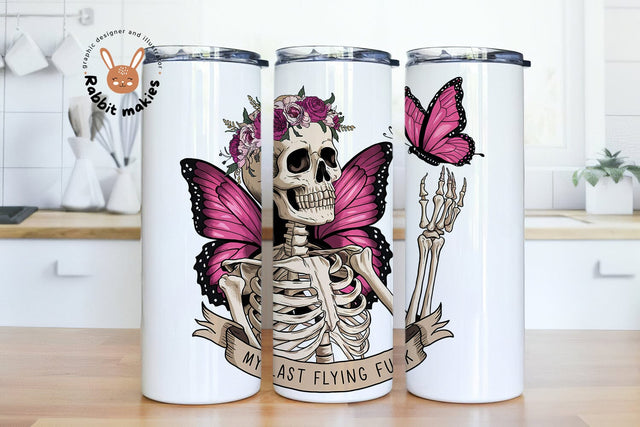 Retro Skeleton and Flowers, My Last Flying Fuck 20 oz Skinny Tumbler Sublimation Design Digital Download PNG Instant DIGITAL ONLY Sublimation Rabbitmakies 