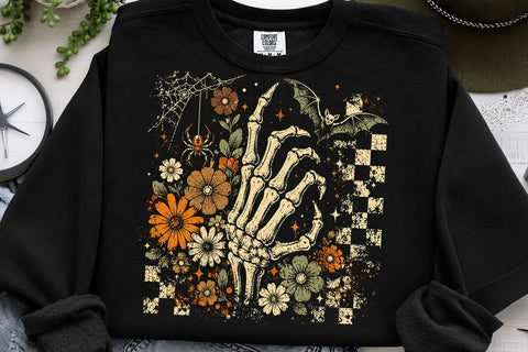 Retro Skeleton Hand Halloween Floral PNG SVG DesignDestine 