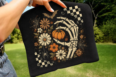 Retro Skeleton Hand Pumpkin Halloween PNG SVG DesignDestine 