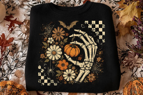 Retro Skeleton Hand Pumpkin Halloween PNG SVG DesignDestine 