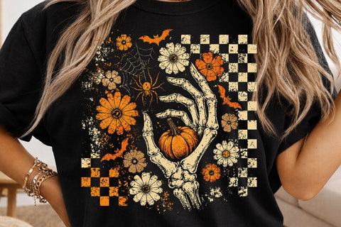 Retro Skeleton Hand Pumpkin Halloween PNG SVG DesignDestine 