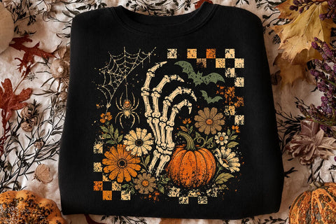 Retro Skeleton Hand Pumpkin Halloween PNG SVG DesignDestine 