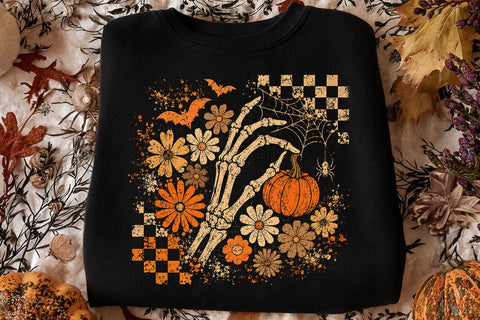Retro Skeleton Hand Pumpkin Halloween PNG SVG DesignDestine 