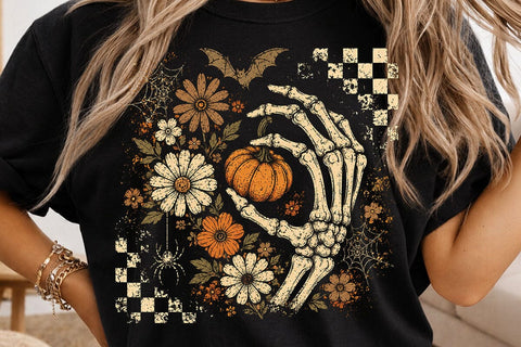 Retro Skeleton Hand Pumpkin Halloween PNG SVG DesignDestine 