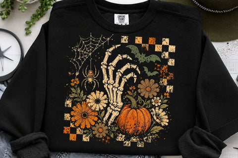 Retro Skeleton Hand Pumpkin Halloween PNG SVG DesignDestine 