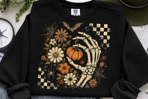 Retro Skeleton Hand Pumpkin Halloween PNG SVG DesignDestine 