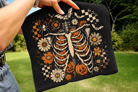 Retro Skeleton Pumpkin Ribcage PNG, Floral Vintage Halloween Sublimation Design, Spooky Season Skeleton Shirt Graphic, Pumpkin Ribcage PNG SVG DesignDestine 