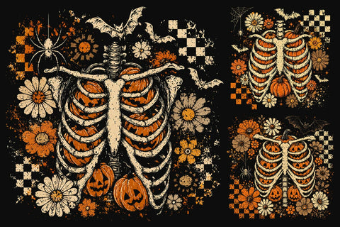Retro Skeleton Pumpkin Ribcage PNG, Floral Vintage Halloween Sublimation Design, Spooky Season Skeleton Shirt Graphic, Pumpkin Ribcage PNG SVG DesignDestine 