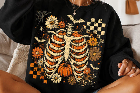Retro Skeleton Pumpkin Ribcage PNG, Floral Vintage Halloween Sublimation Design, Spooky Season Skeleton Shirt Graphic, Pumpkin Ribcage PNG SVG DesignDestine 