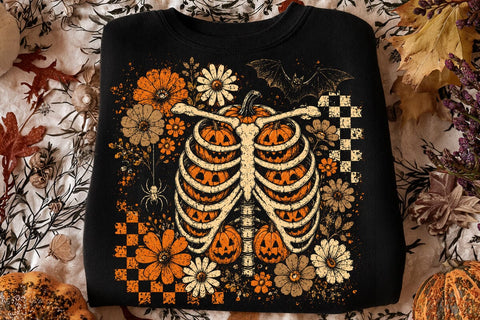 Retro Skeleton Pumpkin Ribcage PNG, Floral Vintage Halloween Sublimation Design, Spooky Season Skeleton Shirt Graphic, Pumpkin Ribcage PNG SVG DesignDestine 