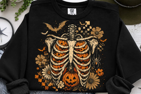 Retro Skeleton Pumpkin Ribcage PNG, Floral Vintage Halloween Sublimation Design, Spooky Season Skeleton Shirt Graphic, Pumpkin Ribcage PNG SVG DesignDestine 