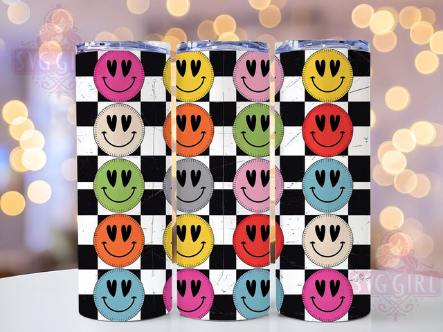 Retro Smile Heart Eyes Checkered Tumbler, Heart Eyes Wrap, Checkered Cup Design, 20Oz Sublimation Tumbler, Vintage Happy Face Drinkware, Groovy Cup Gift, Seamless Pattern Wrap Sublimation SvggirlplusArt 