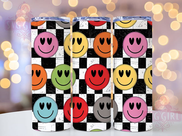 Retro Smile Heart Eyes Checkered Tumbler, Heart Eyes Wrap, Checkered Cup Design, 20Oz Sublimation Tumbler, Vintage Happy Face Drinkware, Groovy Cup Gift, Seamless Pattern Wrap Sublimation SvggirlplusArt 