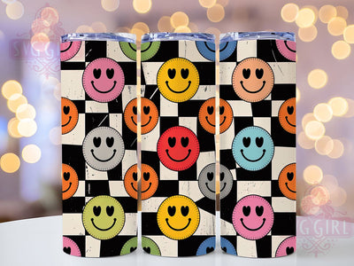 Retro Smile Heart Eyes Checkered Tumbler, Heart Eyes Wrap, Checkered Cup Design, 20Oz Sublimation Tumbler, Vintage Happy Face Drinkware, Groovy Cup Gift, Seamless Pattern Wrap Sublimation SvggirlplusArt 