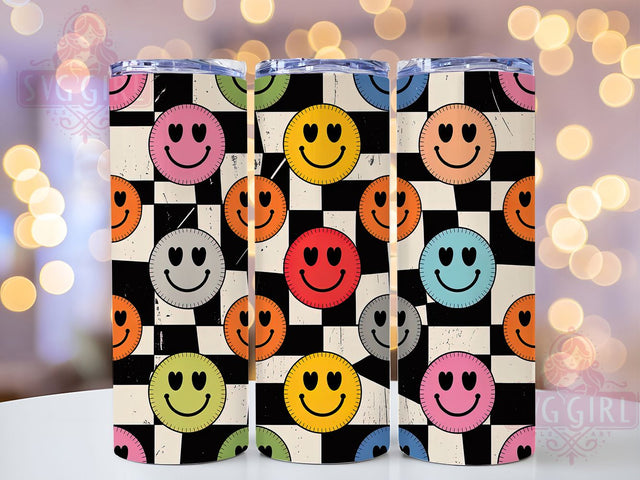 Retro Smile Heart Eyes Checkered Tumbler, Heart Eyes Wrap, Checkered Cup Design, 20Oz Sublimation Tumbler, Vintage Happy Face Drinkware, Groovy Cup Gift, Seamless Pattern Wrap Sublimation SvggirlplusArt 