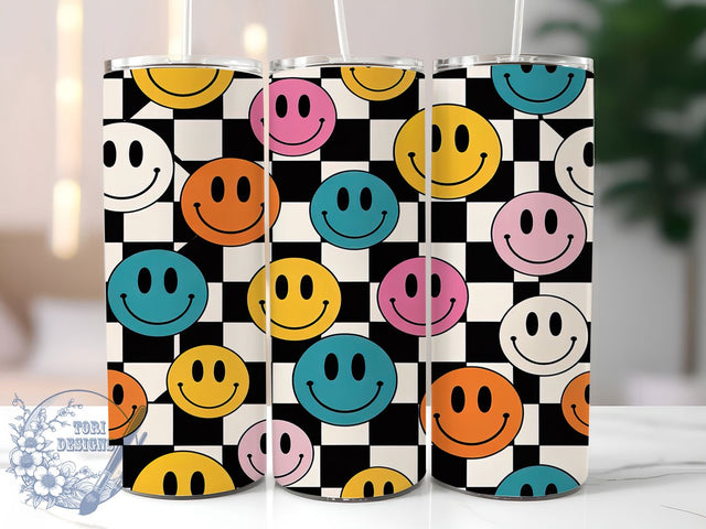 Retro Smiley Checkered 20oz Tumbler Wrap, Smiley Face Tumbler, Retro Tumbler Design, Sublimation Wrap 20oz, Trendy Tumbler Wrap, Happy Face Tumbler, Aesthetic Tumbler Design Sublimation ToriDesigns 