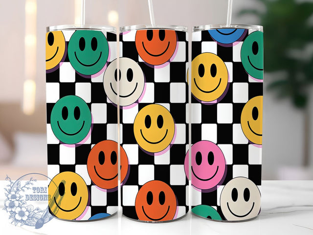 Retro Smiley Checkered 20oz Tumbler Wrap, Smiley Face Tumbler, Retro Tumbler Design, Sublimation Wrap 20oz, Trendy Tumbler Wrap, Happy Face Tumbler, Aesthetic Tumbler Design Sublimation ToriDesigns 
