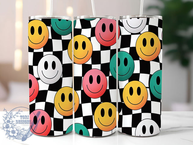 Retro Smiley Checkered 20oz Tumbler Wrap, Smiley Face Tumbler, Retro Tumbler Design, Sublimation Wrap 20oz, Trendy Tumbler Wrap, Happy Face Tumbler, Aesthetic Tumbler Design Sublimation ToriDesigns 