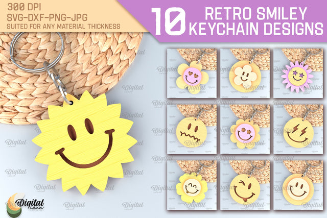 Retro Smiley Keychain SVG Bundle. Smiley Face Keychain Laser Cut SVG Evgenyia Guschina 