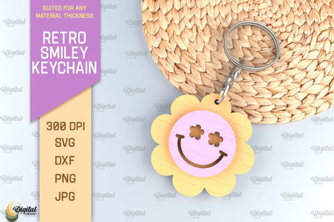 Retro Smiley Keychain SVG Bundle. Smiley Face Keychain Laser Cut SVG Evgenyia Guschina 