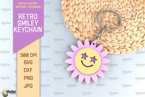 Retro Smiley Keychain SVG Bundle. Smiley Face Keychain Laser Cut SVG Evgenyia Guschina 