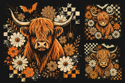 Retro Spooky Highland Cow Halloween PNG SVG DesignDestine 