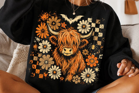 Retro Spooky Highland Cow Halloween PNG SVG DesignDestine 