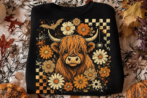 Retro Spooky Highland Cow Halloween PNG SVG DesignDestine 