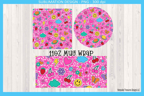 Retro Sticker Icons 11oz Mug Wrap Square and Round Coasters, Sublimation Png Printable Sublimation Keepsake Treasures Designs LLC. 
