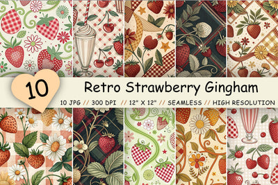 Retro Strawberry Gingham Digital Paper, Seamless Watercolor Fruit Pattern Pack, Printable Scrapbook Paper, Y2K Summer Design Bundle Digital Pattern FloridPrintables 