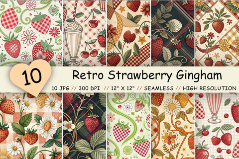 Retro Strawberry Gingham Digital Paper, Seamless Watercolor Fruit Pattern Pack, Printable Scrapbook Paper, Y2K Summer Design Bundle Digital Pattern FloridPrintables 