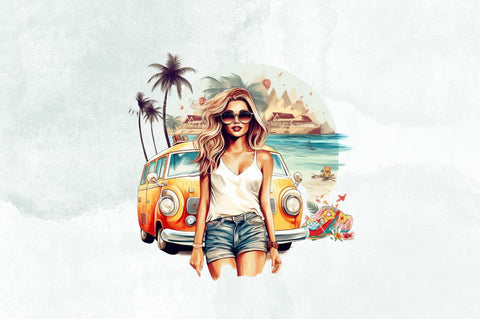 Retro Summer Girl Watercolor Clipart Bundle Sublimation Designangry 